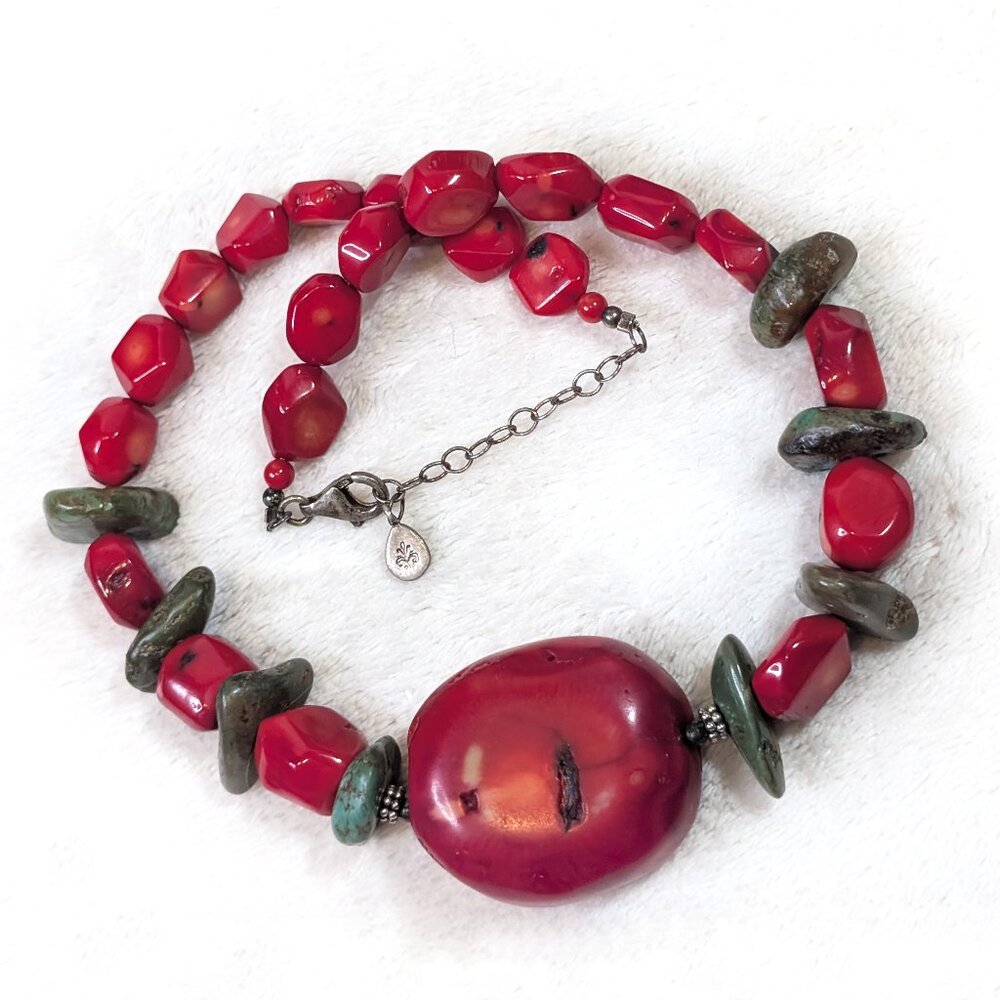 Vintage BARSE Chunky Coral Turquoise Sterling Silver Bead Necklace